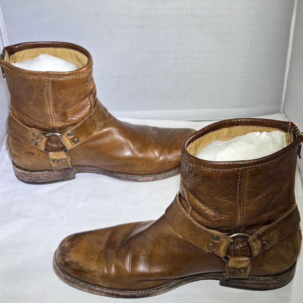 Frye Phillip Cognac Harness Leather Booties Size 9 M Womens Brown Shoes W/Box - Picture 4 of 12
